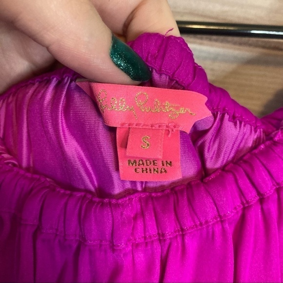 Lilly Pulitzer Haylee of the Shoulder Satin Ruffle Top in Wine Spritzer - Picture 8 of 9